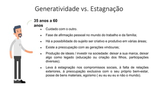 Generatividade vs. Estagnação
35 anos a 60
anos
● Cuidado com o outro.
● Fase de afirmação pessoal no mundo do trabalho e da família;
● Há a possibilidade do sujeito ser criativo e produtivo em várias áreas;
● Existe a preocupação com as gerações vindouras;
● Produção de ideais / investir na sociedade: deixar a sua marca, deixar
algo como legado (educação ou criação dos filhos, participações
diversas);
● Leva à estagnação nos compromissos sociais, à falta de relações
exteriores, à preocupação exclusiva com o seu próprio bem-estar,
posse de bens materiais, egoísmo ( eu eu eu eu e não o mundo).
 