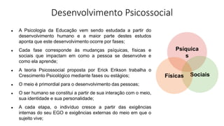 Desenvolvimento Psicossocial
● A Psicologia da Educação vem sendo estudada a partir do
desenvolvimento humano e a maior parte destes estudos
aponta que este desenvolvimento ocorre por fases;
● Cada fase corresponde às mudanças psíquicas, físicas e
sociais que impactam em como a pessoa se desenvolve e
como ela aprende;
● A teoria Psicossocial proposta por Erick Erikson trabalha o
Crescimento Psicológico mediante fases ou estágios;
● O meio é primordial para o desenvolvimento das pessoas;
● O ser humano se constitui a partir de sua interação com o meio,
sua identidade e sua personalidade;
● A cada etapa, o indivíduo cresce a partir das exigências
internas do seu EGO e exigências externas do meio em que o
sujeito vive;
Psíquica
s
Sociais
Físicas
 