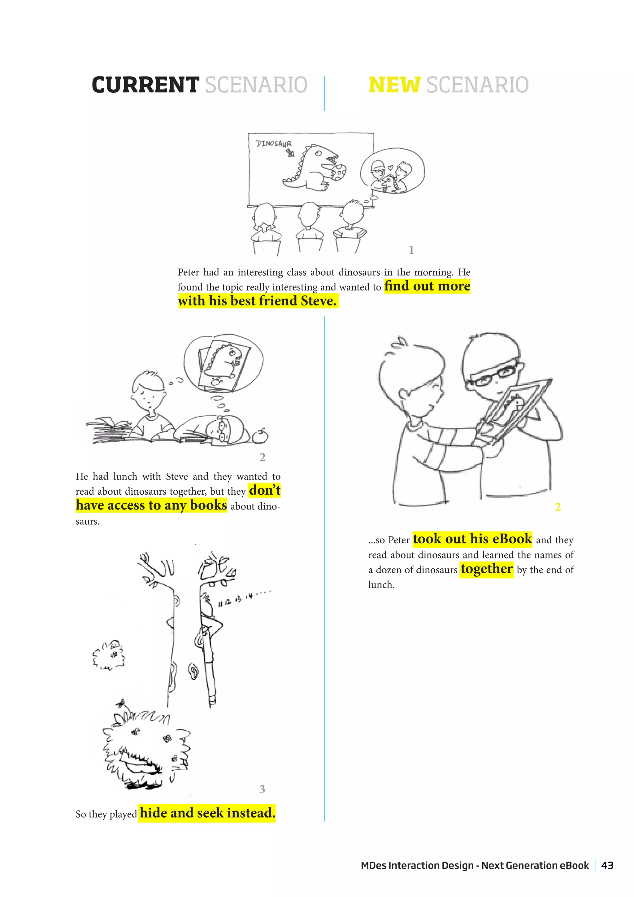 CURRENT SCENARIO                                              NEW SCENARIO




                                                                          1
                       Peter had an interesting class about dinosaurs in the morning. He
                       found the topic really interesting and wanted to find out more
                       with his best friend Steve.




                                         2
He had lunch with Steve and they wanted to
read about dinosaurs together, but they don’t
have access to any books about dino-                                                                     2
saurs.
                                                                 ...so Peter took out his eBook and they
                                                                 read about dinosaurs and learned the names of
                                                                 a dozen of dinosaurs together by the end of
                                                                 lunch.




                                         3
So they played hide   and seek instead.


                                                               MDes Interaction Design - Next Generation eBook   43
 