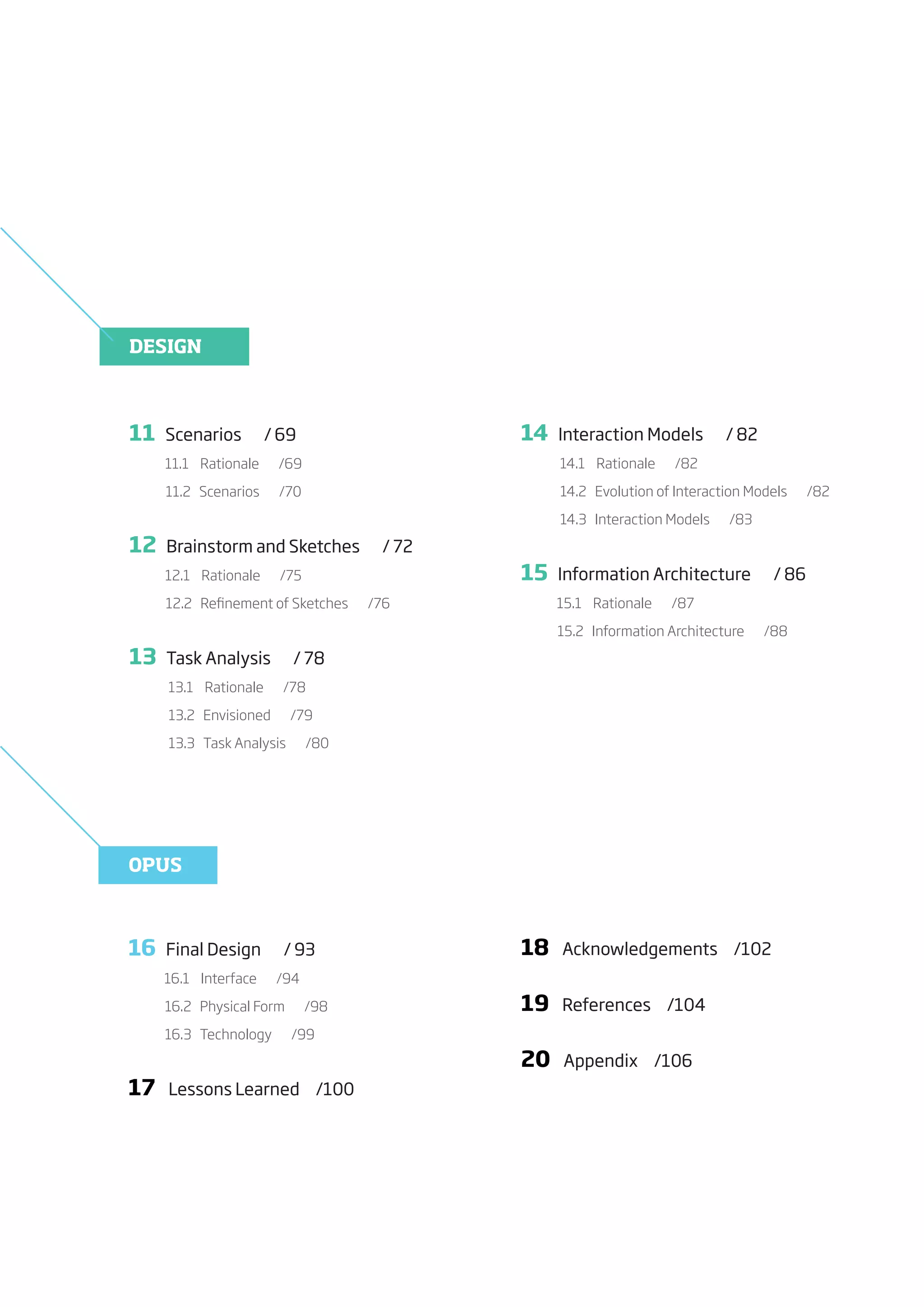 DESIGN



11      Scenarios             / 69                       14     Interaction Models                  / 82
        11.1				Rationale							/69                              14.1				Rationale							/82

													11.2			Scenarios							/70                  														14.2			Evolution	of	Interaction	Models							/82
                                                         														14.3			Interaction	Models							/83

12      Brainstorm and Sketches                   / 72
        12.1				Rationale							/75                      15     Information Architecture                     / 86
													12.2			Refinement	of	Sketches							/76            15.1				Rationale							/87

                                                         													15.2			Information	Architecture							/88

13      Task Analysis                / 78
        13.1				Rationale							/78

														13.2			Envisioned							/79

														13.3			Task	Analysis							/80




OPUS



16      Final Design               / 93                  18      Acknowledgements /102
       16.1				Interface							/94

													16.2			Physical	Form							/98              19      References /104
													16.3			Technology							/99
                                                         20       Appendix /106
17      Lessons Learned /100
 