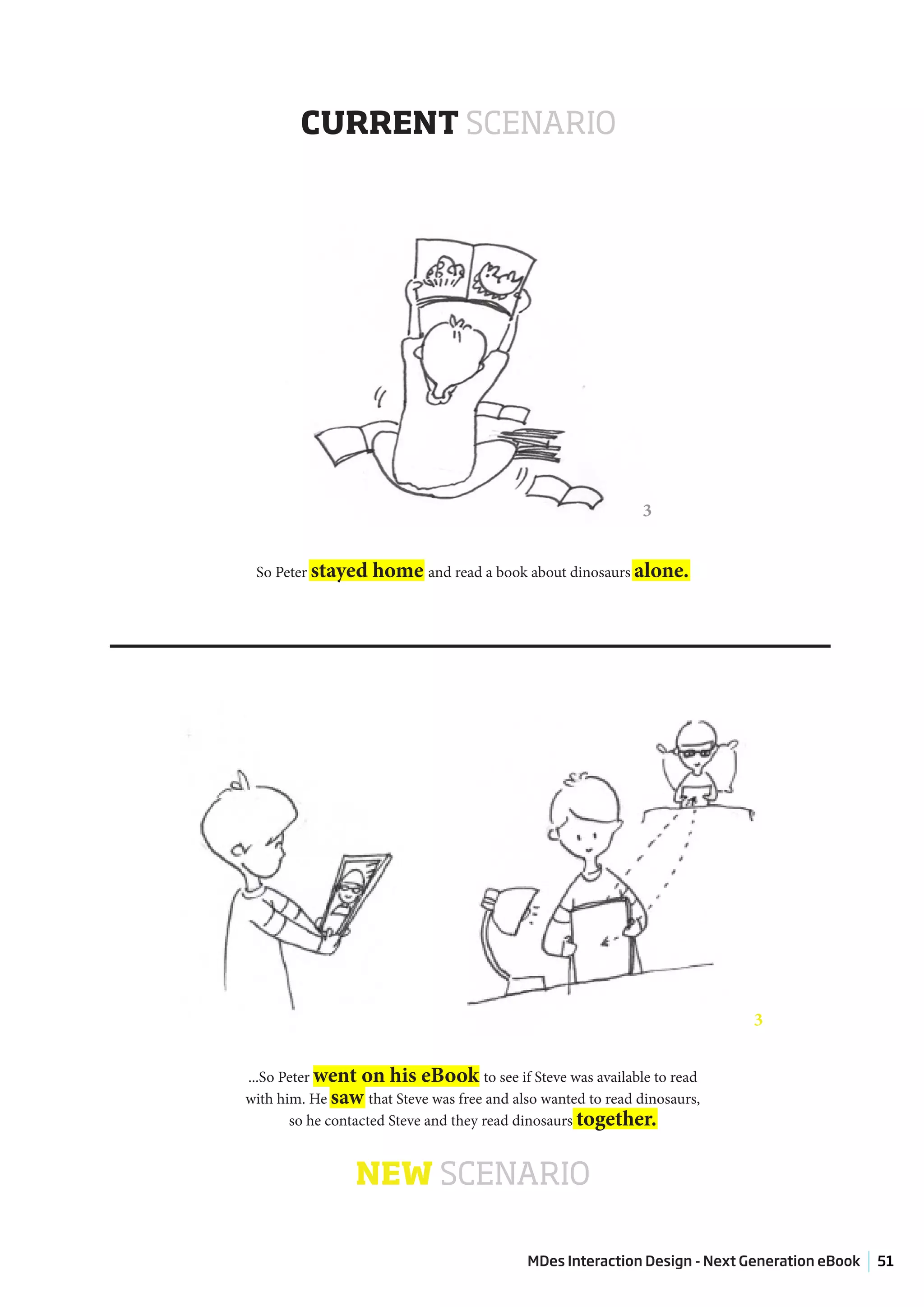 CURRENT SCENARIO




                                                              3


 So Peter stayed   home and read a book about dinosaurs alone.




                                                                           3


...So Peter went on his eBook to see if Steve was available to read
with him. He saw that Steve was free and also wanted to read dinosaurs,
       so he contacted Steve and they read dinosaurs together.


                 NEW SCENARIO

                                            MDes Interaction Design - Next Generation eBook   51
 