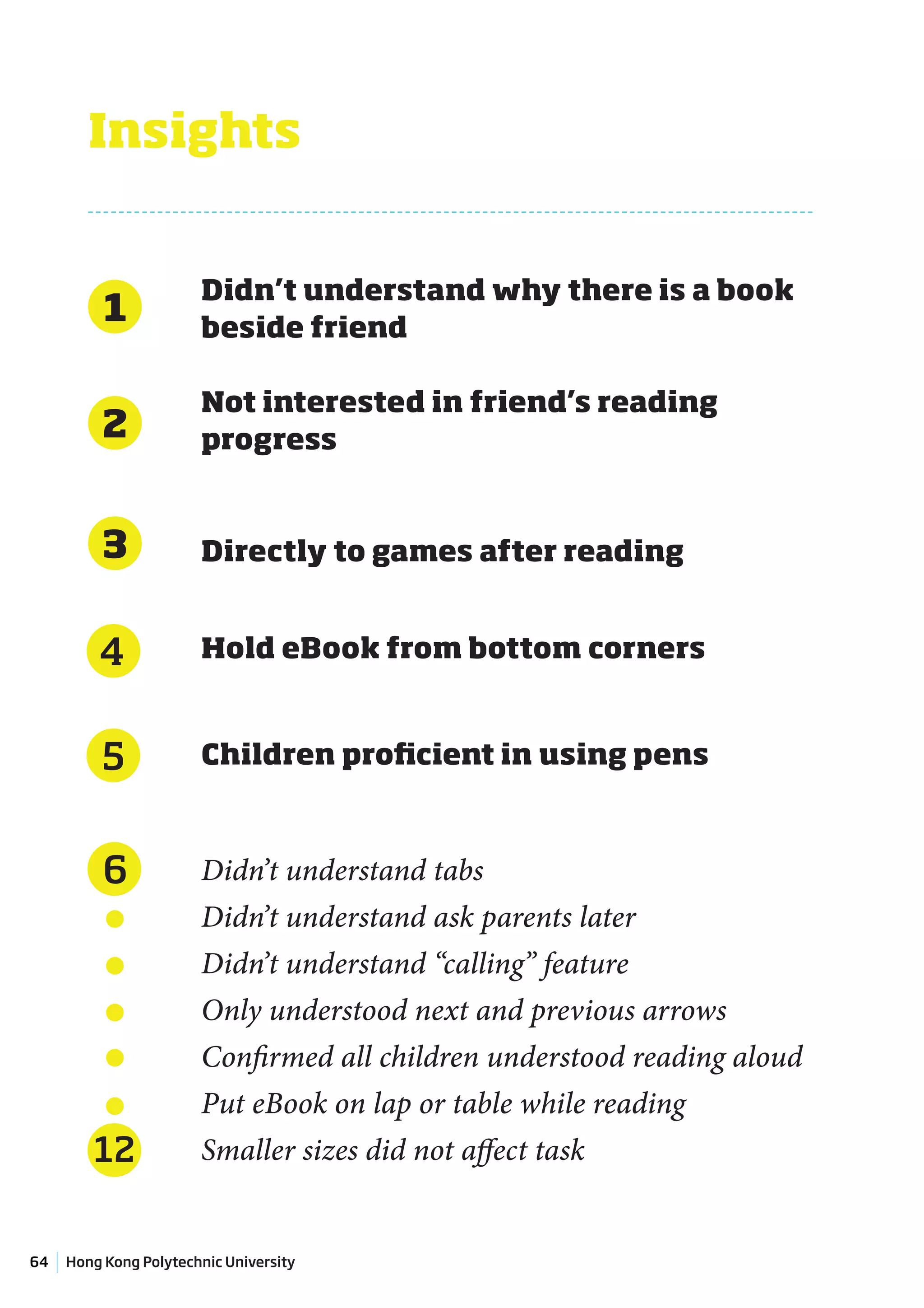 Insights


                       Didn’t understand why there is a book
          1            beside friend

                       Not interested in friend’s reading
          2            progress


          3            Directly to games after reading


         4             Hold eBook from bottom corners


          5            Children proficient in using pens



          6            Didn’t understand tabs
                       Didn’t understand ask parents later
                       Didn’t understand “calling” feature
                       Only understood next and previous arrows
                       Confirmed all children understood reading aloud
                       Put eBook on lap or table while reading
        12             Smaller sizes did not affect task


64   Hong Kong Polytechnic University
 
