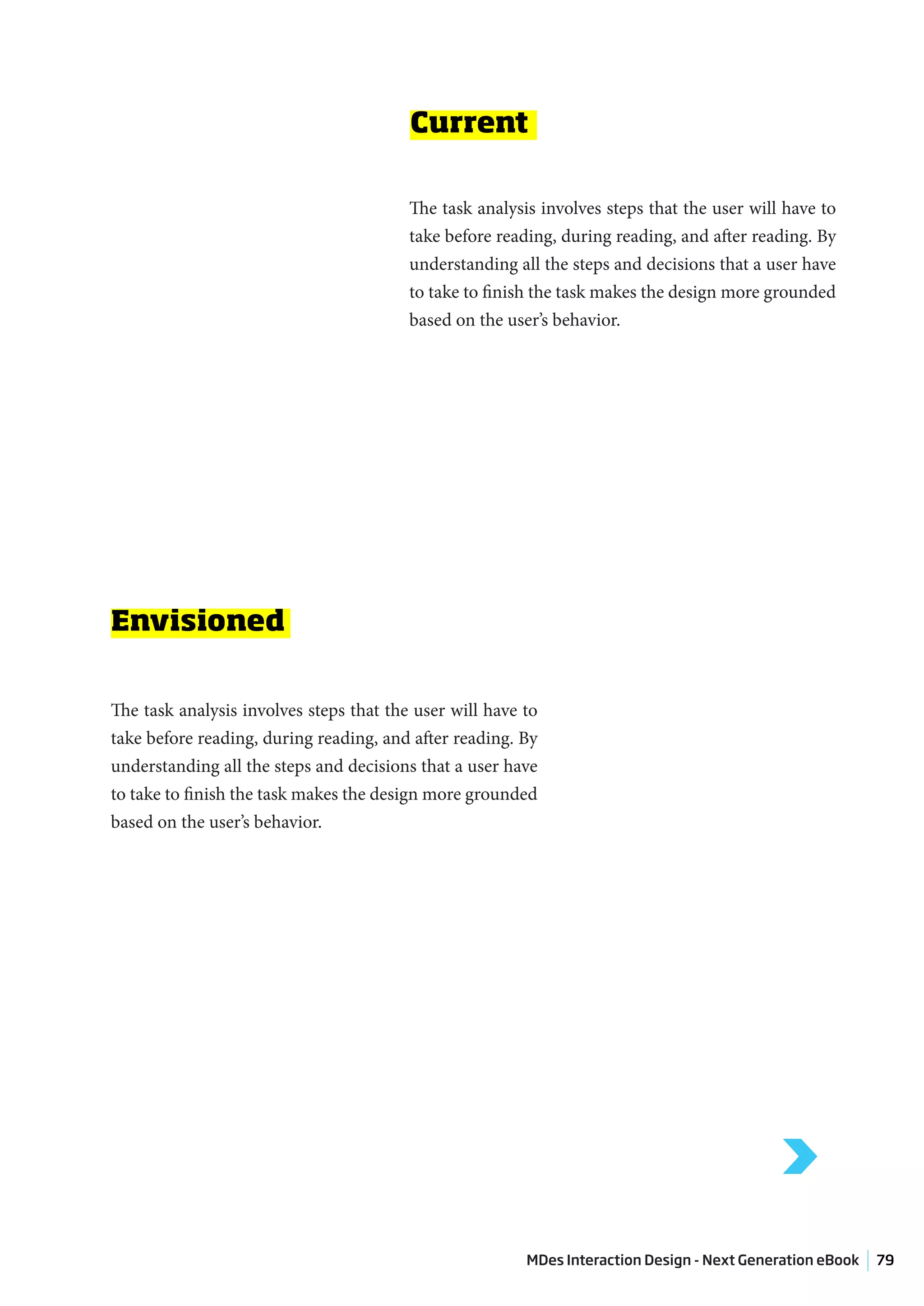 Current

                                         The task analysis involves steps that the user will have to
                                         take before reading, during reading, and after reading. By
                                         understanding all the steps and decisions that a user have
                                         to take to finish the task makes the design more grounded
                                         based on the user’s behavior.




Envisioned


The task analysis involves steps that the user will have to
take before reading, during reading, and after reading. By
understanding all the steps and decisions that a user have
to take to finish the task makes the design more grounded
based on the user’s behavior.




                                                                                            >
                                                         MDes Interaction Design - Next Generation eBook   79
 