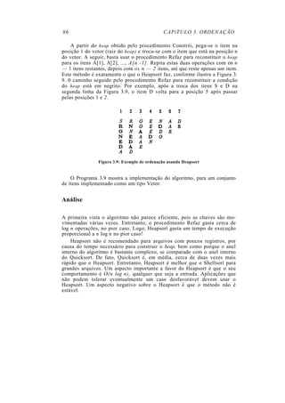 86 CAPíTULO 3. ORDENAÇÃO
A partir do heap obtido pelo procedimento Constrói, pega-se o item na
posição 1 do vetor (raiz do heap) e troca-se com o item que está na posição n
do vetor. A seguir, basta usar o procedimento Refaz para reconstituir o heap
para os itens A[1], A[2], ..., A[n -1]. Repita estas duas operações com os n
— 1 itens restantes, depois com os n — 2 itens, até que reste apenas um item.
Este método é exatamente o que o Heapsort faz, conforme ilustra a Figura 3.
9. 0 caminho seguido pelo procedimento Refaz para reconstituir a condição
do heap está em negrito. Por exemplo, após a troca dos itens S e D na
segunda linha da Figura 3.9, o item D volta para a posição 5 após passar
pelas posições 1 e 2.
Figura 3.9: Exemplo de ordenação usando Heapsort
O Programa 3.9 mostra a implementação do algoritmo, para um conjunto
de itens implementado como um tipo Vetor.
Análise
A primeira vista o algoritmo não parece eficiente, pois as chaves são mo-
vimentadas várias vezes. Entretanto, o procedimento Refaz gasta cerca de
log n operações, no pior caso. Logo, Heapsort gasta um tempo de execução
proporcional a n log n no pior caso!
Heapsort não é recomendado para arquivos com poucos registros, por
causa do tempo necessário para construir o heap, bem como porque o anel
interno do algoritmo é bastante complexo, se comparado com o anel interno
do Quicksort. De fato, Quicksort é, em média, cerca de duas vezes mais
rápido que o Heapsort. Entretanto, Heapsort é melhor que o Shellsort para
grandes arquivos. Um aspecto importante a favor do Heapsort é que o seu
comportamento é O(n log n), qualquer que seja a entrada. Aplicações que
não podem tolerar eventualmente um caso desfavorável devem usar o
Heapsort. Um aspecto negativo sobre o Heapsort é que o método não é
estável.
 
