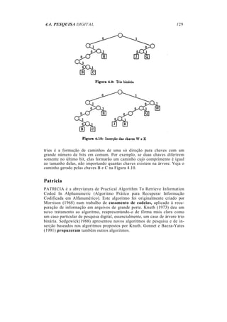 4.4. PESQUISA DIGITAL 129
tries é a formação de caminhos de uma só direção para chaves com um
grande número de bits em comum. Por exemplo, se duas chaves diferirem
somente no último bit, elas formarão um caminho cujo comprimento é igual
ao tamanho delas, não importando quantas chaves existem na árvore. Veja o
caminho gerado pelas chaves B e C na Figura 4.10.
Patricia
PATRICIA é a abreviatura de Practical Algorithm To Retrieve Information
Coded In Alphanumeric (Algoritmo Prático para Recuperar Informação
Codificada em Alfanumérico). Este algoritmo foi originalmente criado por
Morrison (1968) num trabalho de casamento de cadeias, aplicado à recu-
peração de informação em arquivos de grande porte. Knuth (1973) deu um
novo tratamento ao algoritmo, reapresentando-o de fôrma mais clara como
um caso particular de pesquisa digital, essencialmente, um caso de árvore trio
binária. Sedgewick(1988) apresentou novos algoritmos de pesquisa e de in-
serção baseados nos algoritmos propostos por Knuth. Gonnet e Baeza-Yates
(1991) propuzeram também outros algoritmos.
 