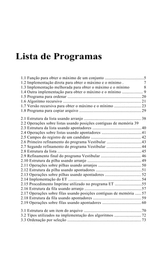Lista de Programas
1.1 Função para obter o máximo de um conjunto 5.......................................
1.2 Implementação direta para obter o máximo e o mínimo . 7
1.3 Implementação melhorada para obter o máximo e o mínimo 8
1.4 Outra implementação para obter o máximo e o mínimo 9.....................
1.5 Programa para ordenar 20..........................................................................
1.6 Algoritmo recursivo 21..............................................................................
1.7 Versão recursiva para obter o máximo e o mínimo 23...........................
1.8 Programa para copiar arquivo 29..............................................................
2.1 Estrutura da lista usando arranjo 38.........................................................
2.2 Operações sobre listas usando posições contíguas de memória 39
2.3 Estrutura da lista usando apontadores 40.................................................
2.4 Operações sobre listas usando apontadores 41........................................
2.5 Campos do registro de um candidato 42..................................................
2.6 Primeiro refinamento do programa Vestibular 43...................................
2.7 Segundo refinamento do programa Vestibular 44...................................
2.8 Estrutura da lista 45....................................................................................
2.9 Refinamento final do programa Vestibular 46........................................
2.10 Estrutura da pilha usando arranjo 49......................................................
2.11 Operações sobre pilhas usando arranjos 50...........................................
2.12 Estrutura da pilha usando apontadores 51..............................................
2.13 Operações sobre pilhas usando apontadores 52....................................
2.14 Implementação do ET 54.........................................................................
2.15 Procedimento Imprime utilizado no programa ET 55...........................
2.16 Estrutura da fila usando arranjo 57.........................................................
2.17 Operações sobre filas usando posições contíguas de memória 57......
2.18 Estrutura da fila usando apontadores 59................................................
2.19 Operações sobre filas usando apontadores 60.......................................
3.1 Estrutura de um item do arquivo 70..........................................................
3.2 Tipos utilizados na implementação dos algoritmos 72...........................
3.3 Ordenação por seleção 73..........................................................................
 