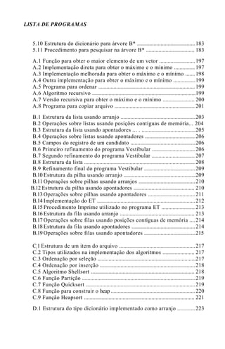 LISTA DE PROGRAMAS
5.10 Estrutura do dicionário para árvore B* ..........................................183
5.11 Procedimento para pesquisar na árvore B* ................................... 183
A.1 Função para obter o maior elemento de um vetor ..........................197
A.2 Implementação direta para obter o máximo e o mínimo ............... 197
A.3 Implementação melhorada para obter o máximo e o mínimo .......198
A.4 Outra implementação para obter o máximo e o mínimo ................199
A.5 Programa para ordenar ......................................................................199
A.6 Algoritmo recursivo ...........................................................................199
A.7 Versão recursiva para obter o máximo e o mínimo ....................... 200
A.8 Programa para copiar arquivo .......................................................... 201
B.1 Estrutura da lista usando arranjo ......................................................203
B.2 Operações sobre listas usando posições contíguas de memória... 204
B.3 Estrutura da lista usando apontadores ... . .......................................205
B.4 Operações sobre listas usando apontadores .................................... 206
B.5 Campos do registro de um candidato ...............................................206
B.6 Primeiro refinamento do programa Vestibular ............................... 206
B.7 Segundo refinamento do programa Vestibular ............................... 207
B.8 Estrutura da lista ................................................................................ 208
B.9 Refinamento final do programa Vestibular .....................................209
B.10 Estrutura da pilha usando arranjo ....................................................209
B.11 Operações sobre pilhas usando arranjos .........................................210
B.12 Estrutura da pilha usando apontadores ............................................ 210
B.13 Operações sobre pilhas usando apontadores ..................................211
B.14 Implementação do ET .......................................................................212
B.15 Procedimento Imprime utilizado no programa ET ........................ 213
B.16 Estrutura da fila usando arranjo ...................................................... 213
B.17 Operações sobre filas usando posições contíguas de memória ....214
B.18 Estrutura da fila usando apontadores ..............................................214
B.19 Operações sobre filas usando apontadores .....................................215
C;1 Estrutura de um item do arquivo .......................................................217
C.2 Tipos utilizados na implementação dos algoritmos ....................... 217
C.3 Ordenação por seleção .......................................................................217
C.4 Ordenação por inserção .....................................................................218
C.5 Algoritmo Shellsort ........................................................................... 218
C.6 Função Partição ..................................................................................219
C.7 Função Quicksort ...............................................................................219
C.8 Função para construir o heap .............................................................220
C.9 Função Heapsort ................................................................................ 221
D.1 Estrutura do tipo dicionário implementado como arranjo .............223
 