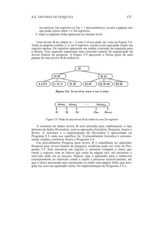 5.3. ÁRVORES DE PESQUISA 171
no máximo 2m registros (e 2m + 1 descendentes), exceto a página raiz
que pode conter entre 1 e 2m registros;
2. todas as páginas folha aparecem no mesmo nível.
Uma árvore B de ordem m = 2 com 3 níveis pode ser vista na Figura 5.8.
Todas as páginas contêm 2, 3, ou 4 registros, exceto a raiz que pode conter um
registro apenas. Os registros aparecem em ordem crescente da esquerda para
a direita. Este esquema representa uma extensão natural da organização da
árvore binária de pesquisa. A Figura 5.9 apresenta a forma geral de uma
página de uma árvore B de ordem m.
Figura 5.9: Nodo de uma árvore B de ordem m com 2m registros
A estrutura de dados árvore B será utilizada para implementar o tipo
abstrato de dados Dicionário, com as operações Inicializa, Pesquisa, Insere e
Retira. A estrutura e a representação do Dicionário é apresentada no
Programa 5.3, onde mm significa 2m. 0 procedimento Inicializa é extrema-
mente simples, conforme ilustra o Programa 5.4.
Um procedimento Pesquisa para árvore B é semelhante ao algoritmo
Pesquisa para árvore binária de pesquisa, conforme pode ser visto no Pro-
grama 5.5. Para encontrar um registro x, primeiro compare a chave que
rotula o registro com as chaves que estão na página raiz, até encontrar o
intervalo onde ela se encaixa. Depois, siga o apontador para a subárvore
correspondente ao intervalo citado e repita o processo recursivamente, até
que a chave procurada seja encontrada ou então uma página folha seja atin-
gida (no caso um apontador nulo). Na implementação do Programa 5.5 a
 