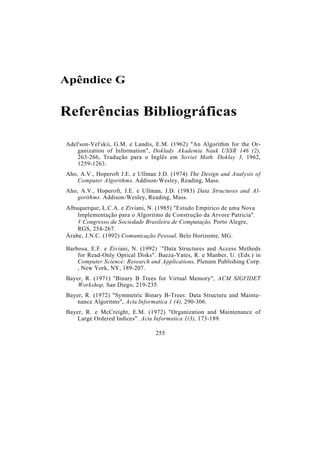 Apêndice G
Referências Bibliográficas
Adel'son-Vel'skii, G.M. e Landis, E.M. (1962) "An Algorithm for the Or-
ganization of Information", Doklady Akademia Nauk USSR 146 (2),
263-266, Tradução para o Inglês em Soviet Math. Doklay 3, 1962,
1259-1263.
Aho, A.V., Hoperoft J.E. e Ullman J.D. (1974) The Design and Analysis of
Computer Algorithms. Addison-Wesley, Reading, Mass.
Aho, A.V., Hoperoft, J.E. e Ullman, J.D. (1983) Data Structures and Al-
gorithms. Addison-Wesley, Reading, Mass.
Albuquerque, L.C.A. e Ziviani, N. (1985) "Estudo Empírico de uma Nova
Implementação para o Algoritmo de Construção da Arvore Patricia".
V Congresso da Sociedade Brasileira de Computação, Porto Alegre,
RGS, 254-267.
Árabe, J.N.C. (1992) Comunicação Pessoal, Belo Horizonte, MG.
Barbosa, E.F. e Ziviani, N. (1992) `"Data Structures and Access Methods
for Read-Only Optical Disks". Baeza-Yates, R. e Manber, U. (Eds.) in
Computer Science: Research and Applications, Plenum Publishing Corp.
, New York, NY, 189-207.
Bayer, R. (1971) "Binary B Trees for Virtual Memory", ACM SIGFIDET
Workshop, San Diego, 219-235.
Bayer, R. (1972) "Symmetric Binary B-Trees: Data Structure and Mainte-
nance Algoritms", Acta Informatica 1 (4), 290-306.
Bayer, R. e McCreight, E.M. (1972) "Organization and Maintenance of
Large Ordered Indices". Acta Informatica 1(3), 173-189.
255
 