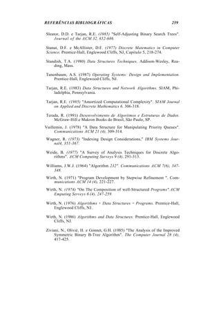 REFERÊNCIAS BIBLIOGRÁFICAS 259
Sleator, D.D. e Tarjan, R.E. (1985) "Self-Adjusting Binary Search Trees".
Journal of the ACM 32, 652-686.
Stanat, D.F. e McAllister, D.F. (1977) Discrete Matematics in Computer
Science. Prentice-Hall, Englewood Cliffs, NJ, Capitulo 5, 218-274.
Standish, T.A. (1980) Data Structures Techniques. Addison-Wesley, Rea-
ding, Mass.
Tanenbaum, A.S. (1987) Operating Systems: Design and Implementation.
Prentice-Hall, Englewood Cliffs, NJ.
Tarjan, R.E. (1983) Data Structures and Network Algorithms. SIAM, Phi-
ladelphia, Pennsylvania.
Tarjan, R.E. (1985) "Amortized Computational Complexity". SIAM Journal
on Applied and Discrete Mathematics 6, 306-318.
Terada, R. (1991) Desenvolvimento de Algoritmos e Estruturas de Dados.
McGraw-Hill e Makron Books do Brasil, São Paulo, SP.
Vuillemin, J. (1978) "A Data Structure for Manipulating Priority Queues".
Communications ACM 21 (4), 309-314.
Wagner, R. (1973) "Indexing Design Considerations," IBM Systems Jour-
nal4, 351-367.
Weide, B. (1977) "A Survey of Analysis Techniques for Discrete Algo-
rithms". ACM Computing Surveys 9 (4), 291-313.
Williams, J.W.J. (1964) "Algorithm 232". Communications ACM 7(6), 347-
348.
Wirth, N. (1971) "Program Development by Stepwise Refinement ". Com-
munications ACM 14 (4), 221-227.
Wirth, N. (1974) "On The Composition of well-Structured Programs".ACM
Emputing Serveys 6 (4), 247-259.
Wirth, N. (1976) Algorithms + Data Structures = Programs. Prentice-Hall,
Englewood Cliffs, NJ.
Wirth, N. (1986) Algorithms and Data Structures. Prentice-Hall, Englewood
Cliffs, NJ.
Ziviani, N., Olivié, H. e Gonnet, G.H. (1985) "The Analysis of the Improved
Symmetric Binary B-Tree Algorithm". The Computer Journal 28 (4),
417-425.
 