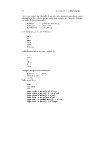 26 CAPíTULO 1. INTRODUÇÃO
valores, ou através da indicação de subintervalos que restringem tipos a uma
subseqüência dos valores de um outro tipo simples previamente definido.
Exemplos de tipos enumerados
type cor = (vermelho, azul, rosa);
type sexo = (mas, fern);
type boolean = (false, true);
Se as variáveis c, s, e d são declaradas
var c :
cor;
var s :
sexo;
var b :
boolean;
então são possíveis as seguintes atribuições
c :
=rosa;
s :
=fern;
b :
=true;
Exemplos de tipos com subintervalos
type ano = 1900..
1999; type letra =
'A'..'Z';
Dadas as variáveis
vara :
ano; var b :
letra;
 