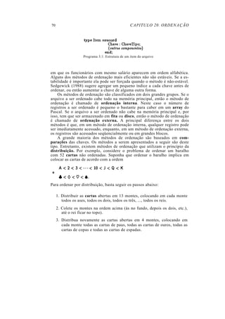 70 CAPITULO 20. ORDENAÇÃO
Programa 3.1: Estrutura de um item do arquivo
em que os funcionários com mesmo salário aparecem em ordem alfabética.
Alguns dos métodos de ordenação mais eficientes não são estáveis. Se a es-
tabilidade é importante ela pode ser forçada quando o método é não-estável.
Sedgewick (1988) sugere agregar um pequeno índice a cada chave antes de
ordenar, ou então aumentar a chave de alguma outra forma.
Os métodos de ordenação são classificados em dois grandes grupos. Se o
arquivo a ser ordenado cabe todo na memória principal, então o método de
ordenação é chamado de ordenação interna. Neste caso o número de
registros a ser ordenado é pequeno o bastante para caber em um array do
Pascal. Se o arquivo a ser ordenado não cabe na memória principal e, por
isso, tem que ser armazenado em fita ou disco, então o método de ordenação
é chamado de ordenação externa. A principal diferença entre os dois
métodos é que, em um método de ordenação interna, qualquer registro pode
ser imediatamente acessado, enquanto, em um método de ordenação externa,
os registros são acessados seqüencialmente ou em grandes blocos.
A grande maioria dos métodos de ordenação são baseados em com-
parações das chaves. Os métodos a serem apresentados a seguir são deste
tipo. Entretanto, existem métodos de ordenação que utilizam o princípio da
distribuição. Por exemplo, considere o problema de ordenar um baralho
com 52 cartas não ordenadas. Suponha que ordenar o baralho implica em
colocar as cartas de acordo com a ordem
Para ordenar por distribuição, basta seguir os passos abaixo:
1. Distribuir as cartas abertas em 13 montes, colocando em cada monte
todos os ases, todos os dois, todos os três, ..., todos os reis.
2. Colete os montes na ordem acima (ás no fundo, depois os dois, etc.),
até o rei ficar no topo).
3. Distribua novamente as cartas abertas em 4 montes, colocando em
cada monte todas as cartas de paus, todas as cartas de ouros, todas as
cartas de copas e todas as cartas de espadas.
 