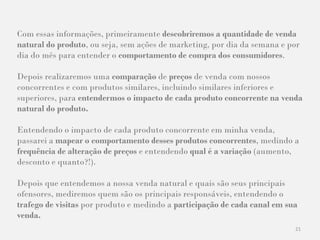 21
Com essas informações, primeiramente descobriremos a quantidade de venda
natural do produto, ou seja, sem ações de marketing, por dia da semana e por
dia do mês para entender o comportamento de compra dos consumidores.
Depois realizaremos uma comparação de preços de venda com nossos
concorrentes e com produtos similares, incluindo similares inferiores e
superiores, para entendermos o impacto de cada produto concorrente na venda
natural do produto.
Entendendo o impacto de cada produto concorrente em minha venda,
passarei a mapear o comportamento desses produtos concorrentes, medindo a
frequência de alteração de preços e entendendo qual é a variação (aumento,
desconto e quanto?!).
Depois que entendemos a nossa venda natural e quais são seus principais
ofensores, mediremos quem são os principais responsáveis, entendendo o
trafego de visitas por produto e medindo a participação de cada canal em sua
venda.
 