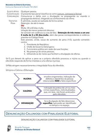 RESUMÃO DE DIREITO ELEITORAL
Concurso Nacional Unificado TSE 2023
Ricardo Torques
Professor de Direito Eleitoral
153
159
SUJEITO ATIVO Qualquer pessoa.
CLASSIFICAÇÃO O presente tipo penal classifica-se como comum, comissivo e formal.
CONSUMAÇÃO Consuma-se o delito com a divulgação na propaganda ou visando à
propaganda eleitoral, chegando ao conhecimento da vítima.
TENTATIVA É admitida, exceto se realizada de forma verbal.
PENA Detenção: de até 6 meses
OU
Multa: 30 a 60 dias-multa.
Infração de menor potencial ofensivo.
Se consistir em violência ou vias de fato: Detenção de três meses a um ano
E multa de 5 a 20 dias-multa, além das penas correspondentes à violência
prevista no Código Penal.
Está previsto, ainda, causa de aumento de pena (1/3), quando cometido
contra:
1. Presidente da República;
2. Chefe de Governo Estrangeiro;
3. Funcionário público em razão de suas funções;
4. Na presença de várias pessoas;
5. Utilizando-se de meios que facilitem a divulgação da ofensa.
 O juiz deixará de aplicar a pena se o próprio ofendido provocou a injúria ou quando o
ofendido responde de forma imediata a uma ofensa injuriosa.
 Não atingem necessariamente a integridade física do ofendido
 Injúria x Calúnia x Difamação
DENUNCIAÇÃO CALUNIOSA COM FINALIDADE ELEITORAL
DENUNCIAÇÃO CALUNIOSA COM FINALIDADE ELEITORAL
INJÚRIA
envolve xingamentos, indicação de
defeitos e deméritos da pessoa
relacionados NÃO a fatos específicos
CALÚNIA
indicação da prática de um ou mais
crimes específicos, individualizados,
que, em tese, não foram praticados
pelo ofendido.
DIFAMAÇÃO
há a divulgação de fato desonroso
específico, que pode ser identificado
no tempo e no espaço.
 