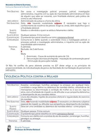 RESUMÃO DE DIREITO ELEITORAL
Concurso Nacional Unificado TSE 2023
Ricardo Torques
Professor de Direito Eleitoral
154
159
TIPO OBJETIVO Dar causa a investigação policial, processo judicial, investigação
administrativa, inquérito civil ou ação de improbidade administrativa em face
de alguém que sabe ser inocente, com finalidade eleitoral, pela prática de
crime ou ato infracional.
BEM JURÍDICO Administração da justiça e a honra da vítima.
TIPO SUBJETIVO Dolo, não havendo modalidade culposa. É necessário que haja o
conhecimento da inocência da pessoa. Exige-se, ainda, dolo específico que é
a finalidade eleitoral.
SUJEITO
PASSIVO
Estado e o ofendido a quem se atribuiu falsamente o delito.
SUJEITO ATIVO Qualquer pessoa. Crime comum.
CLASSIFICAÇÃO O presente tipo penal classifica-se como comissivo e formal.
CONSUMAÇÃO Consuma-se o delito quando a autoridade inicia a investigação policial, o
processo judicial, a investigação administrativa, o inquérito civil ou ação de
improbidade administrativa.
TENTATIVA É admitida.
PENA Reclusão: de 2 até 8 anos
E
Multa
1. Anonimato - Causa de aumento de pena de 1/6.
2. Denunciação caluniosa privilegiada - imputação de contravenção penal
- Diminuição da pena pela metade.
 Não há conflito da pena abstrata prevista no §3º deste artigo e os princípios da
proporcionalidade, da individualização da pena e da liberdade de manifestação do pensamento
(ADI 6225).
VIOLÊNCIA POLÍTICA CONTRA A MULHER
Violência política contra a mulher
TIPO OBJETIVO Assediar, constranger, humilhar, perseguir ou ameaçar, por qualquer meio,
candidata a cargo eletivo ou detentora de mandato eletivo, utilizando-se de
menosprezo ou discriminação à condição de mulher ou à sua cor, raça ou
etnia, com a finalidade de impedir ou de dificultar a sua campanha eleitoral ou
o desempenho de seu mandato eletivo.
BEM JURÍDICO Lisura das eleições, higidez do processo eleitoral e regularidade do exercício
do mandato.
TIPO SUBJETIVO Dolo, não havendo modalidade culposa. É necessário um elemento subjetivo
especial de impedir ou dificultar sua campanha ou desempenho do mandato
SUJEITO
PASSIVO
Deve ser uma candidata ou detentora de mandato eletivo – crime próprio
SUJEITO ATIVO Qualquer pessoa. Crime comum.
CLASSIFICAÇÃO O presente tipo penal classifica-se como comissivo e formal.
CONSUMAÇÃO Consuma-se o delito com a conduta do ato de assediar, constranger, humilhar,
perseguir ou ameaçar.
TENTATIVA É admitida.
 