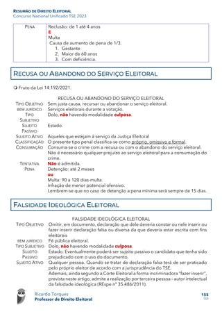 RESUMÃO DE DIREITO ELEITORAL
Concurso Nacional Unificado TSE 2023
Ricardo Torques
Professor de Direito Eleitoral
155
159
PENA Reclusão: de 1 até 4 anos
E
Multa
Causa de aumento de pena de 1/3.
1. Gestante
2. Maior de 60 anos
3. Com deficiência.
RECUSA OU ABANDONO DO SERVIÇO ELEITORAL
 Fruto da Lei 14.192/2021.
RECUSA OU ABANDONO DO SERVIÇO ELEITORAL
TIPO OBJETIVO Sem justa causa, recursar ou abandonar o serviço eleitoral.
BEM JURÍDICO Serviços eleitorais durante a votação.
TIPO
SUBJETIVO
Dolo, não havendo modalidade culposa.
SUJEITO
PASSIVO
Estado.
SUJEITO ATIVO Aqueles que estejam à serviço da Justiça Eleitoral
CLASSIFICAÇÃO O presente tipo penal classifica-se como próprio, omissivo e formal.
CONSUMAÇÃO Consuma-se o crime com a recusa ou com o abandono do serviço eleitoral.
Não é necessário qualquer prejuízo ao serviço eleitoral para a consumação do
crime.
TENTATIVA Não é admitida.
PENA Detenção: até 2 meses
ou
Multa: 90 a 120 dias-multa.
Infração de menor potencial ofensivo.
Lembrem-se que no caso de detenção a pena mínima será sempre de 15 dias.
FALSIDADE IDEOLÓGICA ELEITORAL
FALSIDADE IDEOLÓGICA ELEITORAL
TIPO OBJETIVO Omitir, em documento, declaração que dele deveria constar ou nele inserir ou
fazer inserir declaração falsa ou diversa da que deveria estar escrita com fins
eleitorais
BEM JURÍDICO Fé pública eleitoral.
TIPO SUBJETIVO Dolo, não havendo modalidade culposa.
SUJEITO
PASSIVO
Estado. Eventualmente poderá ser sujeito passivo o candidato que tenha sido
prejudicado com o uso do documento.
SUJEITO ATIVO Qualquer pessoa. Quando se tratar de declaração falsa terá de ser praticado
pelo próprio eleitor de acordo com a jurisprudência do TSE.
Ademais, ainda segundo a Corte Eleitoral a forma incriminadora “fazer inserir”,
prevista neste artigo, admite a realização por terceira pessoa – autor intelectual
da falsidade ideológica (REspe nº 35.486/2011).
 