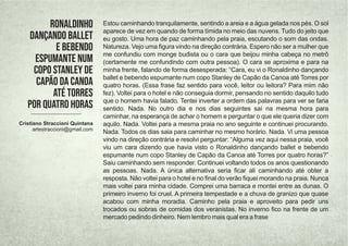 Estou caminhando tranquilamente, sentindo a areia e a água gelada nos pés. O sol
aparece de vez em quando de forma tímida no meio das nuvens. Tudo do jeito que
eu gosto. Uma hora de paz caminhando pela praia, escutando o som das ondas.
Natureza. Vejo uma ﬁgura vindo na direção contrária. Espero não ser a mulher que
me confundiu com monge budista ou o cara que beijou minha cabeça no metrô
(certamente me confundindo com outra pessoa). O cara se aproxima e para na
minha frente, falando de forma desesperada: “Cara, eu vi o Ronaldinho dançando
ballet e bebendo espumante num copo Stanley de Capão da Canoa até Torres por
quatro horas. (Essa frase faz sentido para você, leitor ou leitora? Para mim não
fez). Voltei para o hotel e não conseguia dormir, pensando no sentido daquilo tudo
que o homem havia falado. Tentei inverter a ordem das palavras para ver se faria
sentido. Nada. No outro dia e nos dias seguintes saí na mesma hora para
caminhar, na esperança de achar o homem e perguntar o que ele queria dizer com
aquilo. Nada. Voltei para a mesma praia no ano seguinte e continuei procurando.
Nada. Todos os dias saia para caminhar no mesmo horário. Nada. Vi uma pessoa
vindo na direção contrária e resolvi perguntar: “Alguma vez aqui nessa praia, você
viu um cara dizendo que havia visto o Ronaldinho dançando ballet e bebendo
espumante num copo Stanley de Capão da Canoa até Torres por quatro horas?”
Saiu caminhando sem responder. Continuei voltando todos os anos questionando
as pessoas. Nada. A única alternativa seria ﬁcar ali caminhando até obter a
resposta. Não voltei para o hotel e no ﬁnal do verão ﬁquei morando na praia. Nunca
mais voltei para minha cidade. Comprei uma barraca e montei entre as dunas. O
primeiro inverno foi cruel. A primeira tempestade e a chuva de granizo que quase
acabou com minha moradia. Caminho pela praia e aproveito para pedir uns
trocados ou sobras de comidas dos veranistas. No inverno ﬁco na frente de um
mercado pedindo dinheiro. Nem lembro mais qual era a frase
Ronaldinho
dançando ballet
e bebendo
espumante num
copo Stanley de
Capão da Canoa
até Torres
por quatro horas
Cristiano Straccioni Quintana
artestraccioni@gmail.com
 