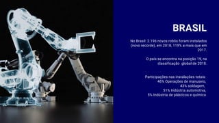BRASIL
No Brasil: 2.196 novos robôs foram instalados
(novo recorde), em 2018, 119% a mais que em
2017.
O país se encontra na posição 19, na
classificação global de 2018.
Participações nas instalações totais:
46% Operações de manuseio,
43% soldagem,
51% Indústria automotiva,
5% Indústria de plásticos e química
 