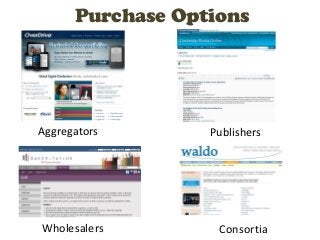 Purchase Options




Aggregators       Publishers




Wholesalers        Consortia
 