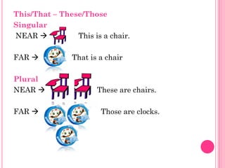 This/That – These/Those
Singular
NEAR           This is a chair.

FAR            That is a chair

Plural
NEAR                  These are chairs.

FAR                    Those are clocks.
 