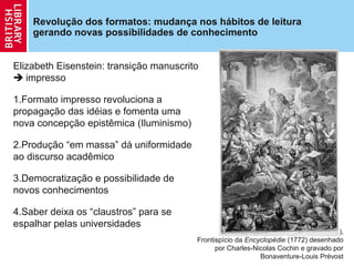 Revolução dos formatos: mudança nos hábitos de leitura
    gerando novas possibilidades de conhecimento


Elizabeth Eisenstein: transição manuscrito
 impresso

1.Formato impresso revoluciona a
propagação das idéias e fomenta uma
nova concepção epistêmica (Iluminismo)

2.Produção “em massa” dá uniformidade
ao discurso acadêmico

3.Democratização e possibilidade de
novos conhecimentos

4.Saber deixa os “claustros” para se
espalhar pelas universidades
                                                     Frontispício da Encyclopédie (1772),
                                         Frontispício da Encyclopédie (1772) desenhado
                                               por Charles-Nicolas Cochin e gravado por
                                                               Bonaventure-Louis Prévost
 