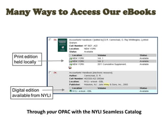 Many Ways to Access Our eBooks
Through your OPAC with the NYLI Seamless Catalog
 