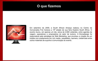 O que fizemos




Em setembro de 2009, a South African Airways realizou no Centro de
Convenções Frei Caneca a 14ª edição de sua feira Explore South Africa. O
evento reuniu, em apenas um dia, cerca de 2.600 visitantes, entre agentes de
viagem, operadores e empresários do setor de turismo. A Kronedesign foi
responsável pela estratégia de Web Marketing, que envolveu a criação de um
hotsite com acabamento em rich media, newsletters, banners, credenciais entre
outros materiais de suporte à comunicação do evento.
 