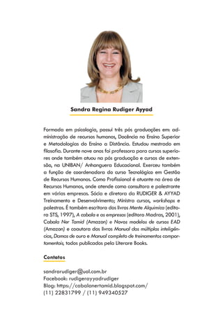 Sandra Regina Rudiger Ayyad
Formada em psicologia, possui três pós graduações em: ad-
ministração de recursos humanos, Docência no Ensino Superior
e Metodologias do Ensino a Distância. Estudou mestrado em
filosofia. Durante nove anos foi professora para cursos superio-
res onde também atuou na pós graduação e cursos de exten-
são, na UNIBAN/ Anhanguera Educacional. Exerceu também
a função de coordenadora do curso Tecnológico em Gestão
de Recursos Humanos. Como Profissional é atuante na área de
Recursos Humanos, onde atende como consultora e palestrante
em várias empresas. Sócia e diretora da RUDIGER & AYYAD
Treinamento e Desenvolvimento; Ministra cursos, workshops e
palestras. É também escritora dos livros Mente Alquimíca (edito-
ra STS, 1997), A cabala e as empresas (editora Madras, 2001),
Cabala Ner Tamid (Amazon) e Novos modelos de cursos EAD
(Amazon) e coautora dos livros Manual das múltiplas inteligên-
cias, Damas de ouro e Manual completo de treinamentos compor-
tamentais, todos publicados pela Literare Books.
Contatos
sandrarudiger@uol.com.br
Facebook: rudigerayyadrudiger
Blog: https://cabalanertamid.blogspot.com/
(11) 22831799 / (11) 949340527
 