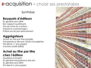 e- acquisition -  choisir ses prestataires http://www.flickr.com/photos/migs212/106761967/ Synthèse Aggrégateurs Achat au titre par titre possible Transparence des prix, facile à budgétiser Prix élevé ( = prix papier) Contenu bridé (DRM) Achat au titre par titre chez l’éditeur Souplesse d’emploi En général transparence des prix En général sans DRM Prix élevé (= prix papier) Bouquets d’éditeurs En général sans DRM Bon rapport qualité-prix Pas de choix du contenu Impose le « panachage » Parfois accès par abonnement http://www.flickr.com/photos/8526154@N03/1319618839/ 