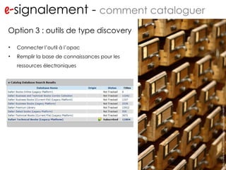 e- signalement -  comment cataloguer http://www.flickr.com/photos/ragesoss/2401468931 … … Option 3 : outils de type discovery Connecter l’outil à l’opac Remplir la base de connaissances pour les ressources électroniques 