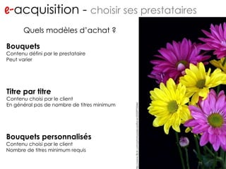 e- acquisition -  choisir ses prestataires http://www.flickr.com/photos/migs212/106761967/ Quels modèles d’achat ? Bouquets Contenu défini par le prestataire Peut varier Titre par titre Contenu choisi par le client En général pas de nombre de titres minimum Bouquets personnalisés Contenu choisi par le client Nombre de titres minimum requis http://www.flickr.com/photos/pieceoflace/2332973246/ 