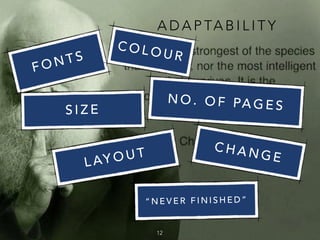 A D A P TA B I L I T Y
12
F O N T S
N O . O F PA G E SS I Z E
C O L O U R
C H A N G EL AY O U T
“ N E V E R F I N I S H E D ”
 