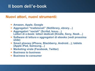Il boom dell’e-book Nuovi attori, nuovi strumenti: Amazon, Apple, Google Aggregatori “tradizionali” (Netlibrary, ebrary…) Aggregatori “sociali” (Scribd, Issuu…) Lettori di e-book: lettori dedicati (Kindle, Sony, Nook…) Software di lettura e aggregatori di ebooks (vedi prossima slide) Smart phones (iPhone, Blackberry, Android…); tablets (Apple iPad, Samsung…) Marketing virale (Facebook, Twitter) Business to business Business to consumer 