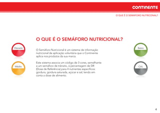 O QUE É O SEMÁFORO NUTRICONAL?
CONTINENTE
O QUE É O SEMÁFORO NUTRICIONAL?
O Semáforo Nutricional é um sistema de informação
nutricional de aplicação voluntária que o Continente
aplica nos produtos da sua marca.
Este sistema associa um código de 3 cores, semelhante
a um semáforo de trânsito, à percentagem de DR
(Dose de Referência) para 4 nutrientes especíﬁcos:
gordura, gordura saturada, açúcar e sal, tendo em
conta a dose de alimento.
4
 