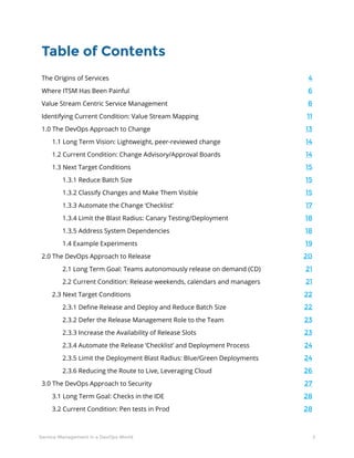 2Service Management in a DevOps World
The Origins of Services	 4
Where ITSM Has Been Painful	 6
Value Stream Centric Service Management	 8
Identifying Current Condition: Value Stream Mapping	 11
1.0 The DevOps Approach to Change	 13
1.1 Long Term Vision: Lightweight, peer-reviewed change	 14
1.2 Current Condition: Change Advisory/Approval Boards	 14
1.3 Next Target Conditions	 15
1.3.1 Reduce Batch Size	 15
1.3.2 Classify Changes and Make Them Visible	 15
1.3.3 Automate the Change ‘Checklist’	 17
1.3.4 Limit the Blast Radius: Canary Testing/Deployment	 18
1.3.5 Address System Dependencies	 18
1.4 Example Experiments	 19
2.0 The DevOps Approach to Release	 20
2.1 Long Term Goal: Teams autonomously release on demand (CD)	 21
2.2 Current Condition: Release weekends, calendars and managers	 21
2.3 Next Target Conditions	 22
2.3.1 Define Release and Deploy and Reduce Batch Size	 22
2.3.2 Defer the Release Management Role to the Team	 23
2.3.3 Increase the Availability of Release Slots	 23
2.3.4 Automate the Release ‘Checklist’ and Deployment Process	 24
2.3.5 Limit the Deployment Blast Radius: Blue/Green Deployments	 24
2.3.6 Reducing the Route to Live, Leveraging Cloud	 26
3.0 The DevOps Approach to Security	 27
3.1 Long Term Goal: Checks in the IDE	 28
3.2 Current Condition: Pen tests in Prod	 28
Table of Contents
 
