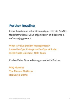 51Service Management in a DevOps World
Further Reading
Learn how to use value streams to accelerate DevOps
transformation at your organization and become a
software juggernaut.
What is Value Stream Management?
Learn DevOps: Enterprise DevOps at Scale
CI/CD Tools Universe: 100+ Tools
Enable Value Stream Management with Plutora:
Why Plutora?
The Plutora Platform
Request a Demo
 