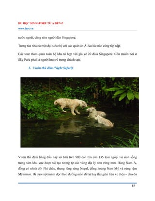 DU HỌC SINGAPORE TỪ A ĐẾN Z
www.inec.vn
15
nước ngoài, cũng như người dân Singapore.
Trong tòa nhà có một đại siêu thị với các quán ăn Á-Âu lúc nào cũng tấp nập.
Các tour tham quan toàn bộ khu tổ hợp với giá vé 20 đôla Singapore. Còn muốn bơi ở
Sky Park phải là người lưu trú trong khách sạn.
3. Vườn thú đêm (Night Safari).
Vườn thú đêm hàng đầu này sở hữu trên 900 con thú của 135 loài ngoại lai sinh sống
trong tám khu vực được tái tạo tương tự các vùng địa lý như rừng mưa Đông Nam Á,
đồng cỏ nhiệt đới Phi châu, thung lũng sông Nepal, đồng hoang Nam Mỹ và rừng rậm
Myanmar. Đi dạo một mình dọc theo đường mòn đi bộ hay thư giãn trên xe điện – cho dù
 