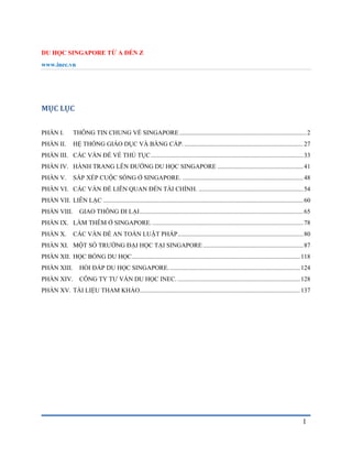 DU HỌC SINGAPORE TỪ A ĐẾN Z
www.inec.vn
1
MỤC LỤC
PHẦN I. THÔNG TIN CHUNG VỀ SINGAPORE................................................................................2
PHẦN II. HỆ THỐNG GIÁO DỤC VÀ BẰNG CẤP............................................................................27
PHẦN III. CÁC VẤN ĐỀ VỀ THỦ TỤC................................................................................................33
PHẦN IV. HÀNH TRANG LÊN ĐƯỜNG DU HỌC SINGAPORE ......................................................41
PHẦN V. SẮP XẾP CUỘC SỐNG Ở SINGAPORE. ............................................................................48
PHẦN VI. CÁC VẤN ĐỀ LIÊN QUAN ĐẾN TÀI CHÍNH. ..................................................................54
PHẦN VII. LIÊN LẠC ..............................................................................................................................60
PHẦN VIII. GIAO THÔNG ĐI LẠI.......................................................................................................65
PHẦN IX. LÀM THÊM Ở SINGAPORE. ...............................................................................................78
PHẦN X. CÁC VẤN ĐỀ AN TOÀN LUẬT PHÁP...............................................................................80
PHẦN XI. MỘT SỐ TRƯỜNG ĐẠI HỌC TẠI SINGAPORE ...............................................................87
PHẦN XII. HỌC BỔNG DU HỌC..........................................................................................................118
PHẦN XIII. HỎI ĐÁP DU HỌC SINGAPORE...................................................................................124
PHẦN XIV. CÔNG TY TƯ VẤN DU HỌC INEC. .............................................................................128
PHẦN XV. TÀI LIỆU THAM KHẢO.....................................................................................................137
 