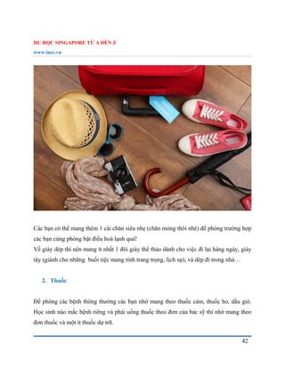 DU HỌC SINGAPORE TỪ A ĐẾN Z
www.inec.vn
42
Các bạn có thể mang thêm 1 cái chăn siêu nhẹ (chăn mỏng thôi nhé) để phòng trường hợp
các bạn cùng phòng bật điều hoà lạnh quá!
Về giày dép thì nên mang ít nhất 1 đôi giày thể thảo dành cho việc đi lại hàng ngày, giày
tây (giành cho những buổi tiệc mang tính trang trọng, lịch sự), và dép đi trong nhà…
2. Thuốc
Để phòng các bệnh thông thường các bạn nhớ mang theo thuốc cảm, thuốc ho, dầu gió.
Học sinh nào mắc bệnh riêng và phải uống thuốc theo đơn của bác sỹ thì nhớ mang theo
đơn thuốc và một ít thuốc dự trữ.
 