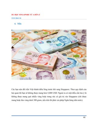 DU HỌC SINGAPORE TỪ A ĐẾN Z
www.inec.vn
44
4. Tiền
Các bạn nên đổi tiền Việt thành đôla Sing trước khi sang Singapore. Theo quy định của
hải quan thì bạn sẽ không được mang hơn 5,000 USD. Ngoài ra có một điều cần lưu ý là
không được mang quá nhiều vàng hoặc trang sức có giá trị vào Singapore (chỉ được
mang hoặc đeo vàng dưới 300 gram, nếu trên thì phải xin phép Ngân hàng nhà nước).
 
