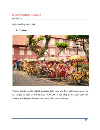 DU HỌC SINGAPORE TỪ A ĐẾN Z
www.inec.vn
75
(citytour) bằng loại xe này.
8. Trishaw.
Phương tiện chuyên chở ba bánh thuân tiện đi lại trong khu River và Chinatown , với giá
rẻ. Chuyến đi ngắn chỉ mất khoảng 10-20SGD và một tiếng đi dạo ngắm cảnh mất
khoảng 50SGD/người. Bạn nên mặc cả với tài xế trước khi lên xe.
 