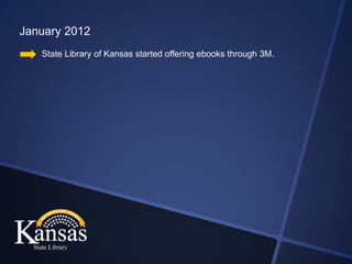 January 2012
   State Library of Kansas started offering ebooks through 3M.
 