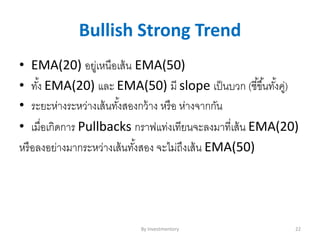 Bullish Strong Trend
• EMA(20) อยู่เหนือเส้น EMA(50)
• ทั้ง EMA(20) และ EMA(50) มี slope เป็นบวก (ชี้ขึ้นทั้งคู่)
• ระยะห่างระหว่างเส้นทั้งสองกว้าง หรือ ห่างจากกัน
• เมื่อเกิดการ Pullbacks กราฟแท่งเทียนจะลงมาที่เส้น EMA(20)
หรือลงอย่างมากระหว่างเส้นทั้งสอง จะไม่ถึงเส้น EMA(50)
By Investmentory 22
 