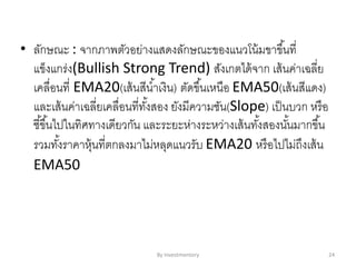 • ลักษณะ : จากภาพตัวอย่างแสดงลักษณะของแนวโน้มขาขึ้นที่
แข็งแกร่ง(Bullish Strong Trend) สังเกตได้จาก เส้นค่าเฉลี่ย
เคลื่อนที่ EMA20(เส้นสีน้าเงิน) ตัดขึ้นเหนือ EMA50(เส้นสีแดง)
และเส้นค่าเฉลี่ยเคลื่อนที่ทั้งสอง ยังมีความชัน(Slope) เป็นบวก หรือ
ชี้ขึ้นไปในทิศทางเดียวกัน และระยะห่างระหว่างเส้นทั้งสองนั้นมากขึ้น
รวมทั้งราคาหุ้นที่ตกลงมาไม่หลุดแนวรับ EMA20 หรือไปไม่ถึงเส้น
EMA50
By Investmentory 24
 