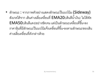 • ลักษณะ : จากภาพตัวอย่างแสดงลักษณะไร้แนวโน้ม (Sideway)
สังเกตได้จาก เส้นค่าเฉลี่ยเคลื่อนที่ EMA20(เส้นสีน้าเงิน) ไม่ได้ตัด
EMA50(เส้นสีแดง)อย่างชัดเจน แต่เป็นลักษณะเคลื่อนที่ขึ้น-ลง
ราคาหุ้นที่มีลักษณะไร้แนวโน้มจึงเคลื่อนที่ขึ้น-ลงตามลักษณะของเส้น
ค่าเฉลี่ยเคลื่อนที่ดังกล่าวด้วย
By Investmentory 30
 