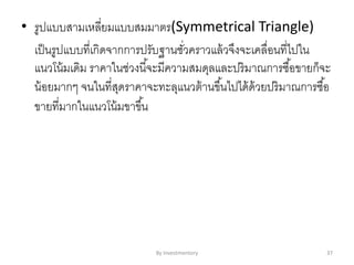 • รูปแบบสามเหลี่ยมแบบสมมาตร(Symmetrical Triangle)
เป็นรูปแบบที่เกิดจากการปรับฐานชั่วคราวแล้วจึงจะเคลื่อนที่ไปใน
แนวโน้มเดิม ราคาในช่วงนี้จะมีความสมดุลและปริมาณการซื้อขายก็จะ
น้อยมากๆ จนในที่สุดราคาจะทะลุแนวต้านขึ้นไปได้ด้วยปริมาณการซื้อ
ขายที่มากในแนวโน้มขาขึ้น
By Investmentory 37
 