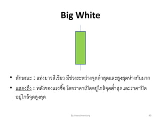 Big White
• ลักษณะ : แท่งยาวสีเขียว มีช่วงระหว่างจุดต่าสุดและสูงสุดห่างกันมาก
• แสดงถึง : พลังของแรงซื้อ โดยราคาเปิดอยู่ใกล้จุดต่าสุดและราคาปิด
อยู่ใกล้จุดสูงสุด
By Investmentory 40
 