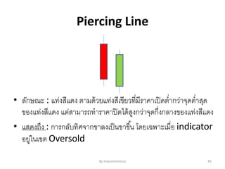 Piercing Line
• ลักษณะ : แท่งสีแดง ตามด้วยแท่งสีเขียวที่มีราคาเปิดต่ากว่าจุดต่าสุด
ของแท่งสีแดง แต่สามารถทาราคาปิดได้สูงกว่าจุดกึ่งกลางของแท่งสีแดง
• แสดงถึง : การกลับทิศจากขาลงเป็นขาขึ้น โดยเฉพาะเมื่อ indicator
อยู่ในเขต Oversold
By Investmentory 45
 