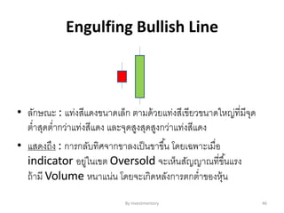 Engulfing Bullish Line
• ลักษณะ : แท่งสีแดงขนาดเล็ก ตามด้วยแท่งสีเขียวขนาดใหญ่ที่มีจุด
ต่าสุดต่ากว่าแท่งสีแดง และจุดสูงสุดสูงกว่าแท่งสีแดง
• แสดงถึง : การกลับทิศจากขาลงเป็นขาขึ้น โดยเฉพาะเมื่อ
indicator อยู่ในเขต Oversold จะเห็นสัญญาณที่ขึ้นแรง
ถ้ามี Volume หนาแน่น โดยจะเกิดหลังการตกต่าของหุ้น
By Investmentory 46
 
