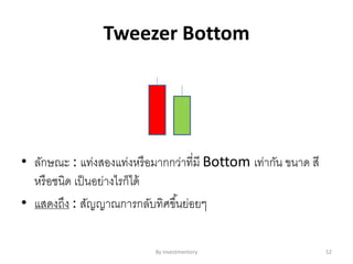 Tweezer Bottom
• ลักษณะ : แท่งสองแท่งหรือมากกว่าที่มี Bottom เท่ากัน ขนาด สี
หรือชนิด เป็นอย่างไรก็ได้
• แสดงถึง : สัญญาณการกลับทิศขึ้นย่อยๆ
By Investmentory 52
 